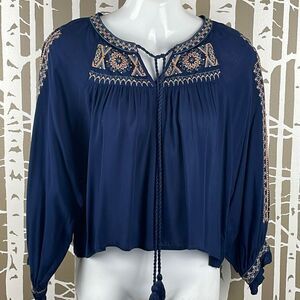 Altar’d State Cropped Boho Embroidered Blouson Sleeve Blouse S Navy Blue